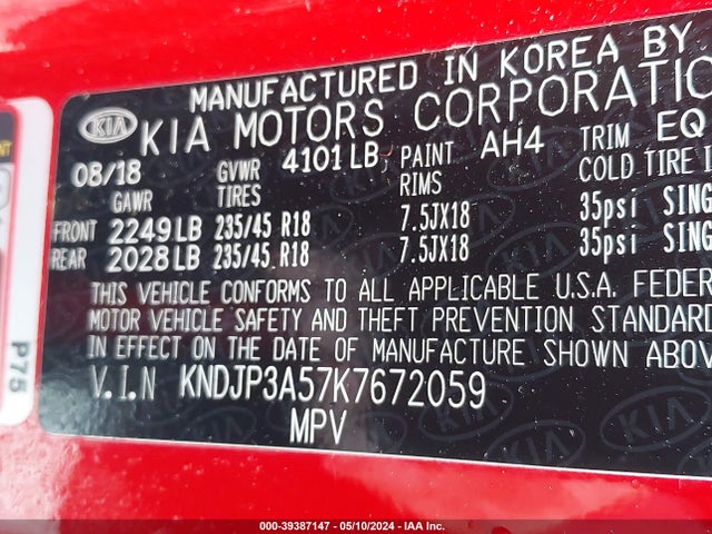KIA SOUL + 2019 KNDJP3A57K7672059 Image 9
