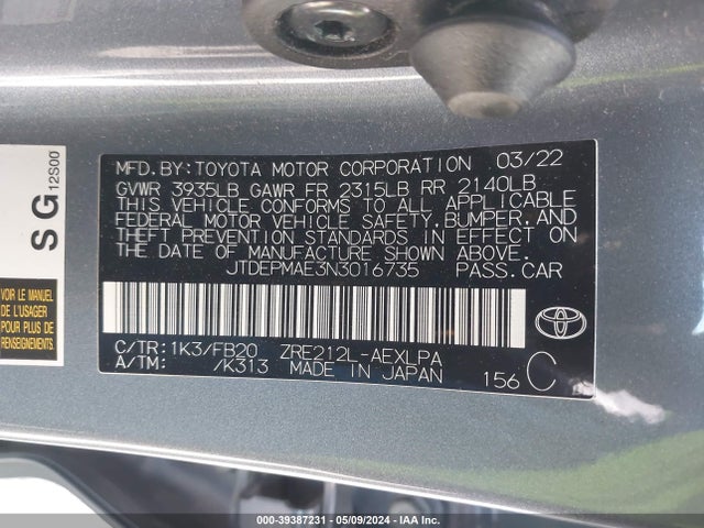 Toyota COROLLA LE 2022 JTDEPMAE3N3016735 Image 9