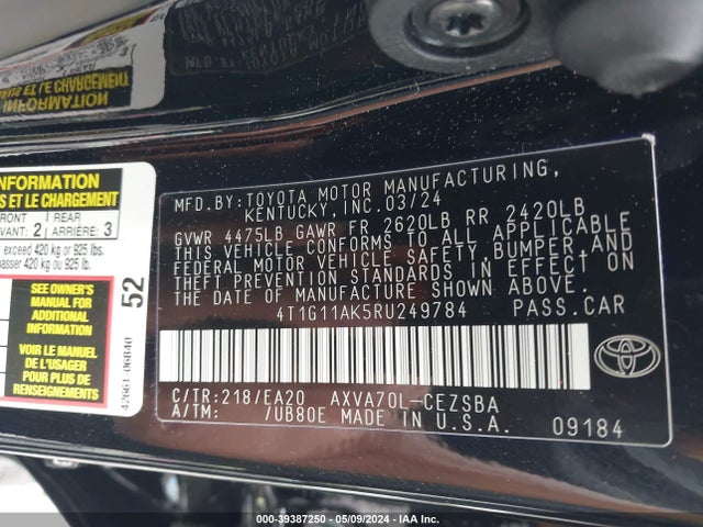 Toyota CAMRY SE 2024 4T1G11AK5RU249784 Image 9