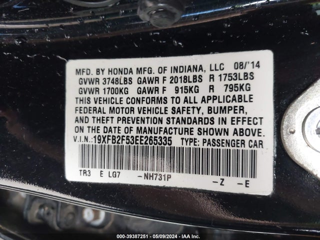 Honda Civic Lx 2014 19XFB2F53EE265335 Image 9