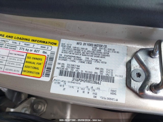 Ford FUSION SE 2017 3FA6P0HD9HR328662 Image 9