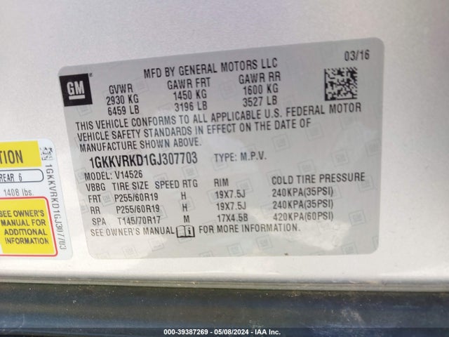 GMC Acadia Slt-1 2016 1GKKVRKD1GJ307703 Image 9