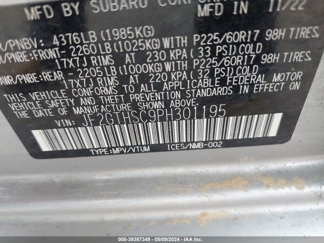 JF2GTHSC9PH301195 Subaru Crosstrek Sport