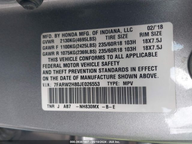 7FARW2H80JE026553 Honda Cr-v Ex-l/ex-l Navi