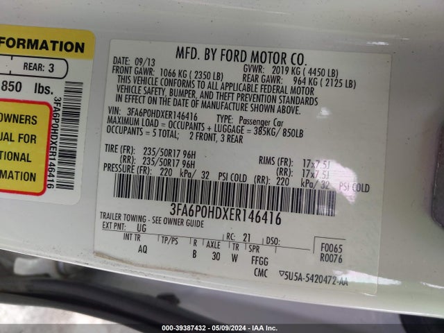 Ford FUSION SE 2014 3FA6P0HDXER146416 Image 9
