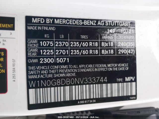 W1N0G8DB0NV333744 Mercedes-Benz Glc 300 Suv