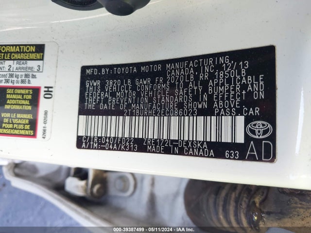 Toyota Corolla S Plus 2014 2T1BURHE2EC086023 Image 9