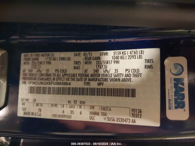 Ford ESCAPE SE 2015 1FMCU9GX9FUB65664 Image 9