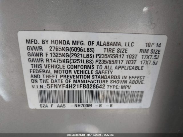 5FNYF4H21FB028642 Honda PILOT LX