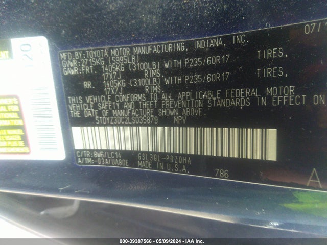 Toyota SIENNA XLE 2020 5TDYZ3DC2LS035879 Image 9