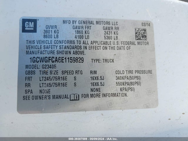Chevrolet Express 2500 Work Van 2014 1GCWGFCA6E1159829 Image 9
