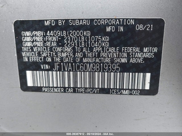 JF1VA1C60M9819395 Subaru Wrx Premium