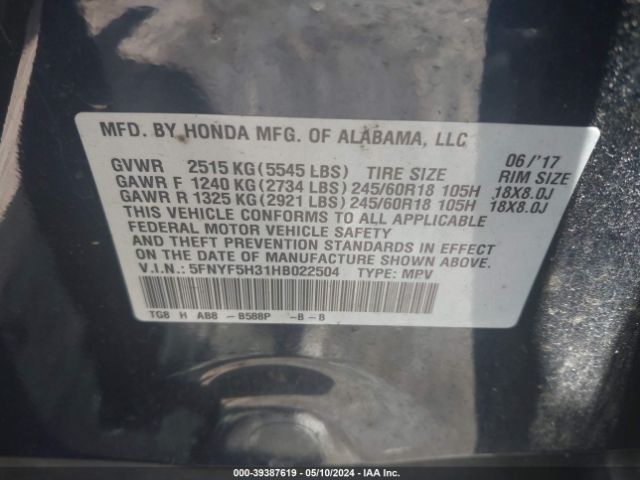 5FNYF5H31HB022504 Honda Pilot Ex