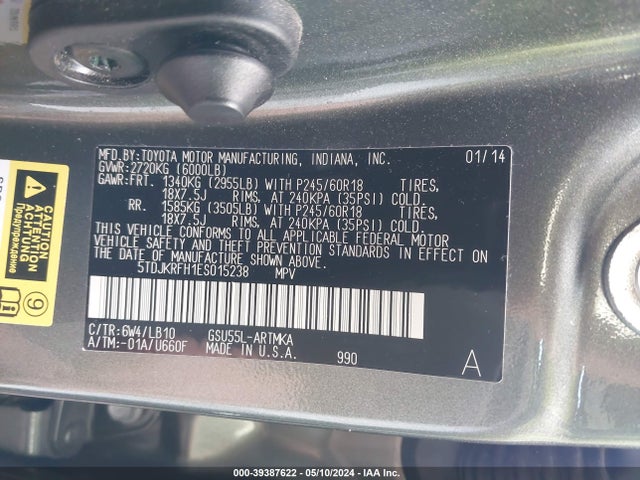 Toyota Highlander Xle V6 2014 5TDJKRFH1ES015238 Image 9