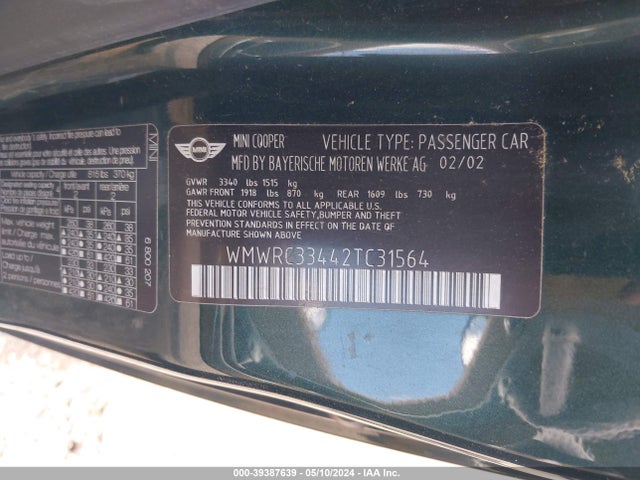 2002 MINI COOPER WMWRC33442TC31564 Photo 8