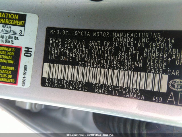 Toyota Corolla S Plus 2015 2T1BURHE1FC326907 Image 9