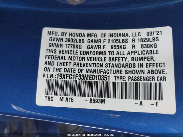 Honda CIVIC EX 2021 19XFC1F33ME010351 Image 9