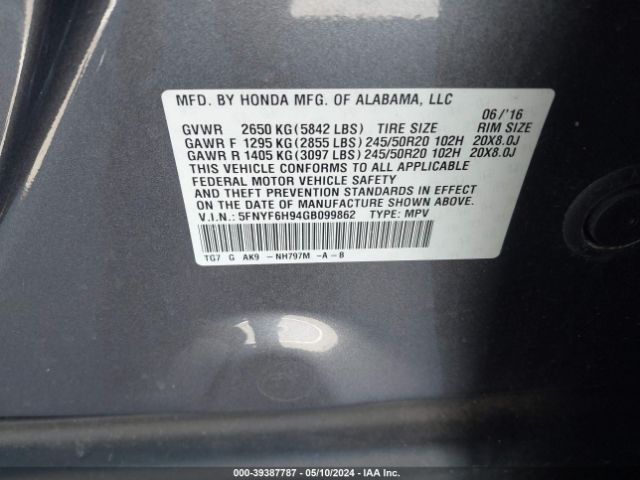5FNYF6H94GB099862 Honda Pilot Touring