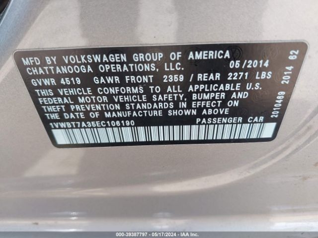 1VWBT7A35EC106190 Volkswagen Passat 1.8t Se