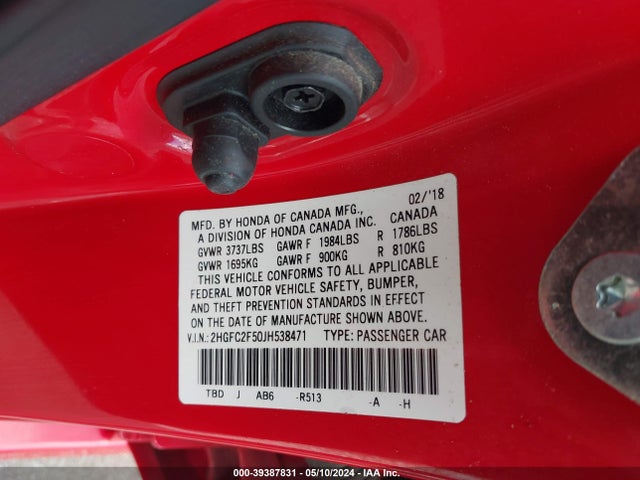 Honda Civic Lx 2018 2HGFC2F50JH538471 Image 9