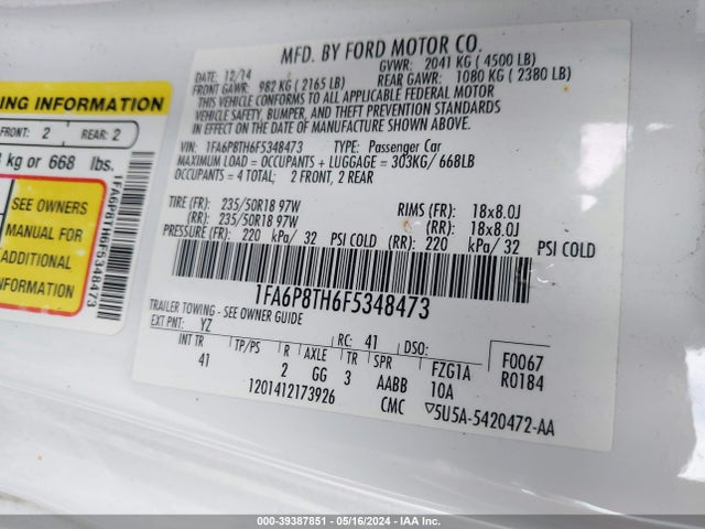 Ford Mustang Ecoboost 2015 1FA6P8TH6F5348473 Image 9
