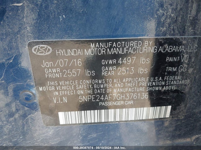 Hyundai SONATA SE 2016 5NPE24AF7GH376136 Image 9