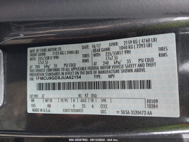 Ford ESCAPE SE 2018 1FMCU9GDXJUA62154 Image 9