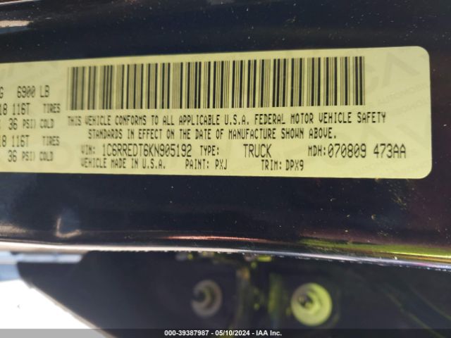 1C6RREDT6KN905192 RAM 1500 Laramie Quad Cab 4x2 6'4 Box