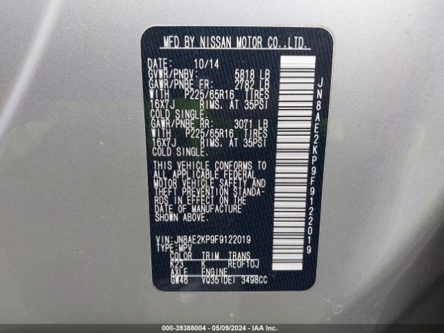 JN8AE2KP9F9122019 Nissan Quest Platinum/s/sl/sv