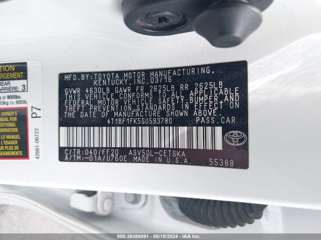 Toyota CAMRY SE 2016 4T1BF1FK5GU593780 Image 9