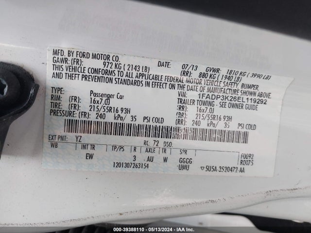Ford FOCUS SE 2014 1FADP3K26EL119292 Image 9