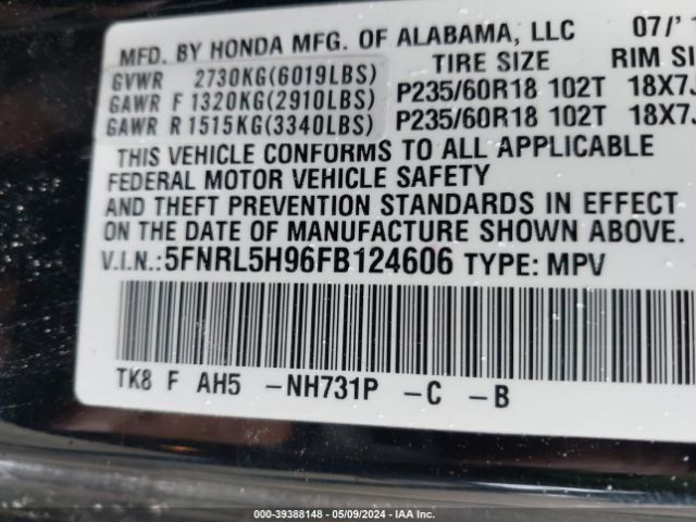 5FNRL5H96FB124606 Honda Odyssey Touring/touring Elite