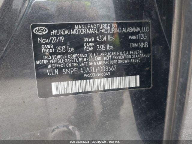 5NPEL4JA2LH008362 Hyundai SONATA SEL