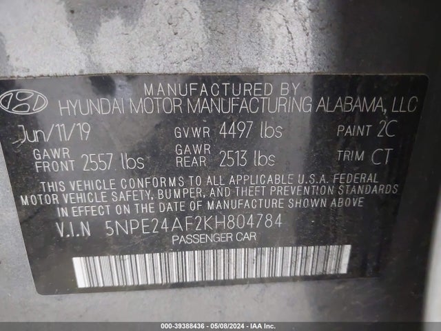 Hyundai SONATA SE 2019 5NPE24AF2KH804784 Image 9