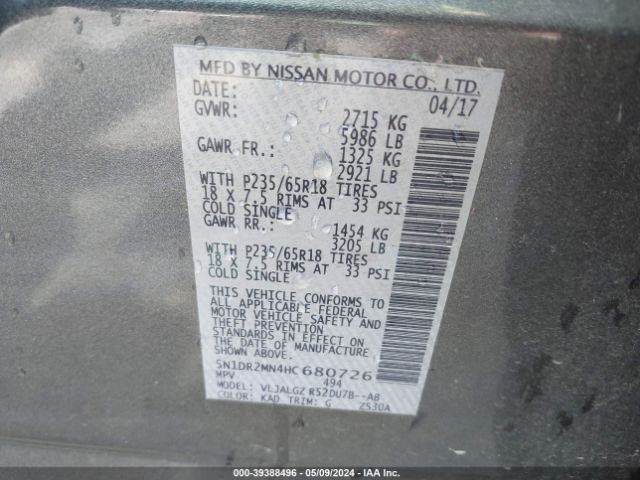 5N1DR2MN4HC680726 Nissan Pathfinder Sl