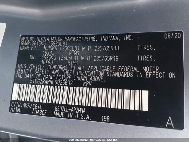Toyota Highlander Xle 2020 5TDGZRAH8LS025632 Image 9