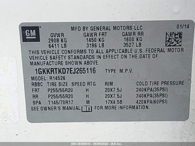 1GKKRTKD7EJ265116 GMC Acadia Denali