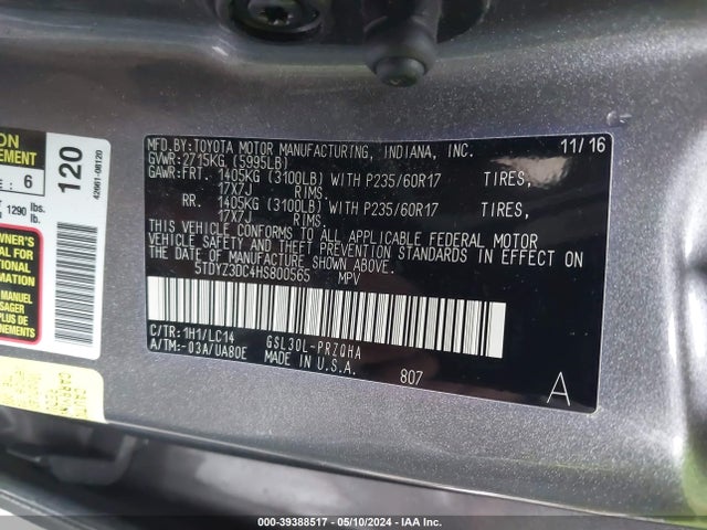 Toyota Sienna Xle 8 Passenger 2017 5TDYZ3DC4HS800565 Image 9