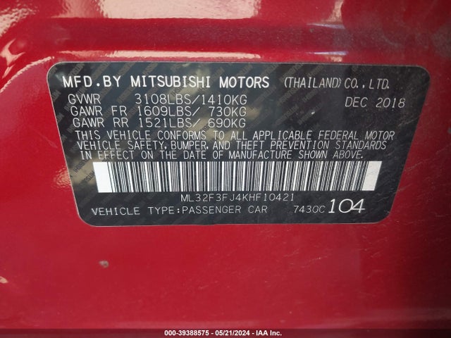 ML32F3FJ4KHF10421 Mitsubishi Mirage G4 Es
