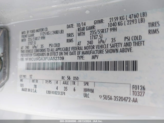 Ford ESCAPE SE 2015 1FMCU9GX3FUA52339 Image 9