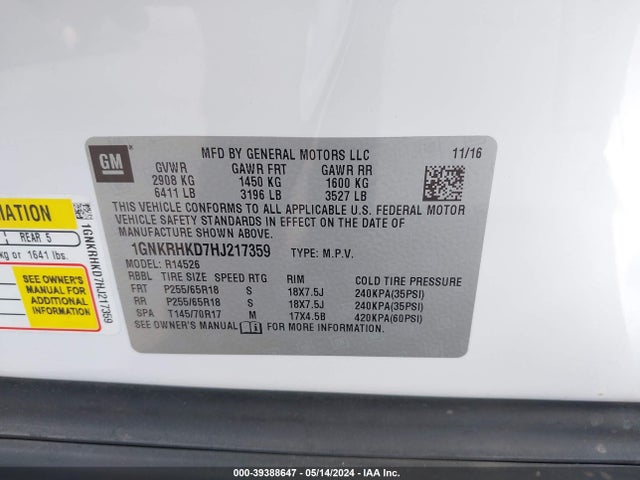 Chevrolet Traverse 2lt 2017 1GNKRHKD7HJ217359 Image 9
