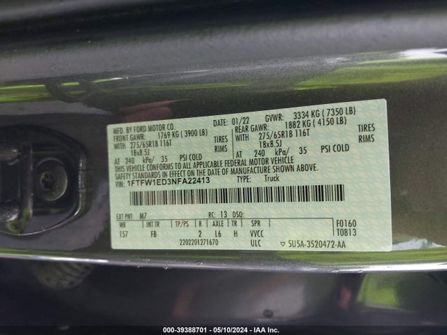 Ford F-150 Xlt 2022 1FTFW1ED3NFA22413 Image 9