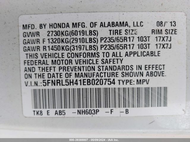 5FNRL5H41EB020754 Honda ODYSSEY EX