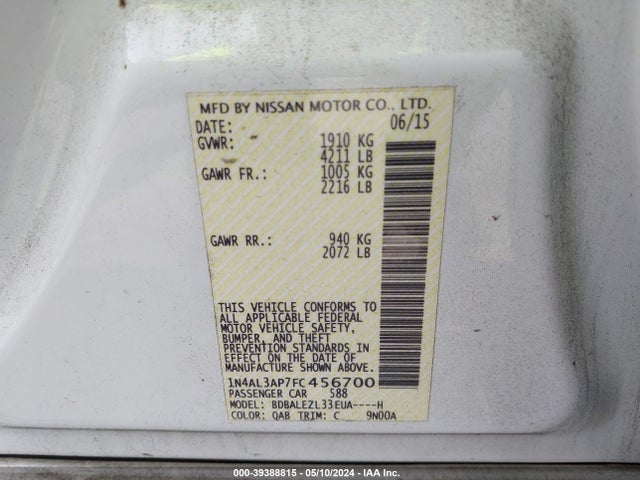Nissan Altima 2.5 S 2015 1N4AL3AP7FC456700 Image 9
