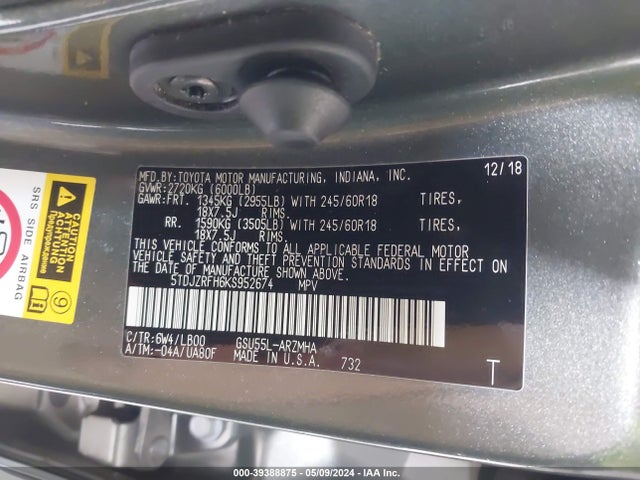 Toyota Highlander Xle 2019 5TDJZRFH6KS952674 Image 9