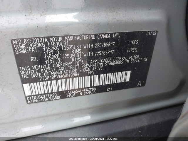 Toyota Rav4 Xle 2019 2T3P1RFV6KW049964 Image 9