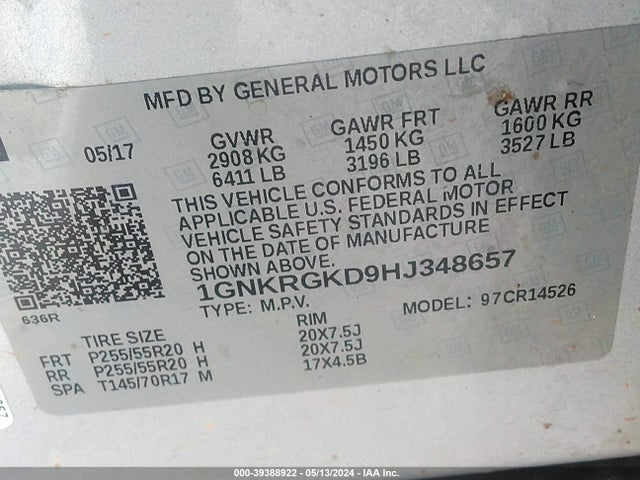 Chevrolet Traverse 1lt 2017 1GNKRGKD9HJ348657 Image 9