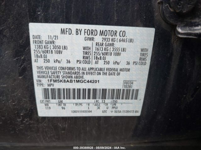 1FM5K8AB1MGC44201 Ford Police Interceptor Utility