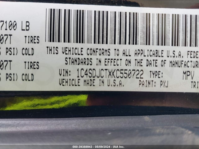 1C4SDJCTXKC550722 Dodge Durango R/t Awd