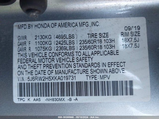 Honda CR-V EX 2019 5J6RW2H5XKA019731 Image 9